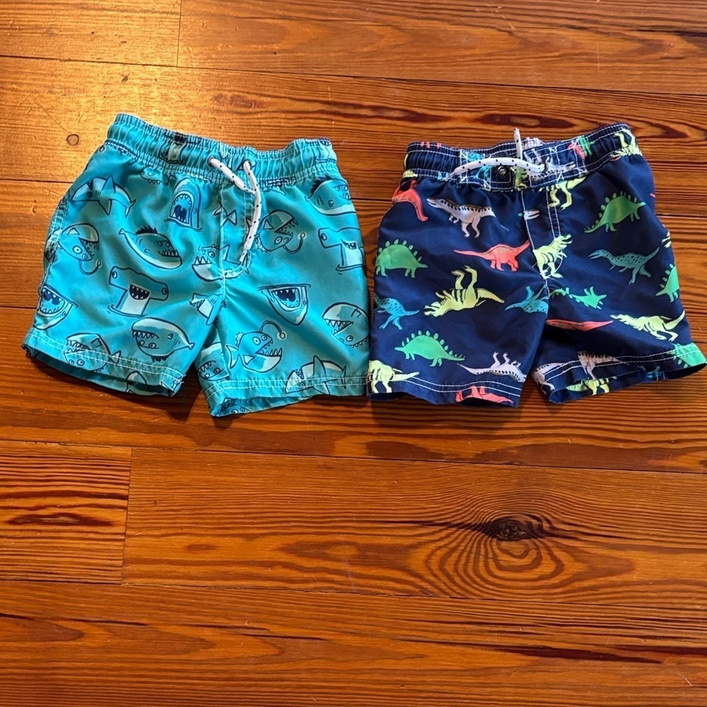 2 Boys Carter’s Swim Shorts/Trunks 1 Dinosaur Print 1 Shark Print Size 2T